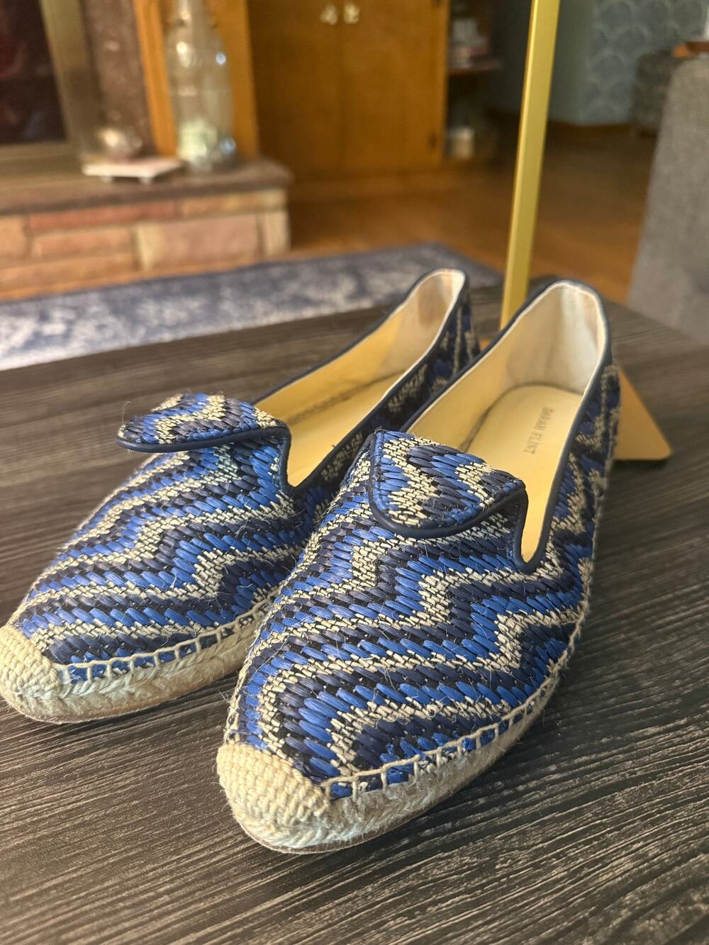Sarah Flint Andrea Woven Raffia Espadrille Loafer Flats - Blue Chevron Sz. 38